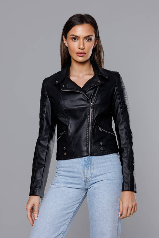 Czarna ekoskóra kurtka ramoneska zapinana na skos z klapami i ozdobnymi przeszyciami