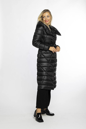 Czarny cudowny długi płaszcz kurtka pikowana z kapturem