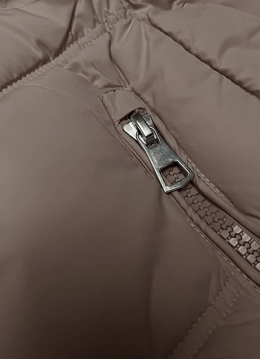 Ciemnobeżowy stylowy pikowany damski bezrękawnik kołnierz kaptur