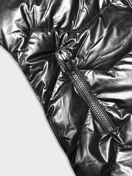 Grafitowa połyskująca taliowana kurtka z kapturem