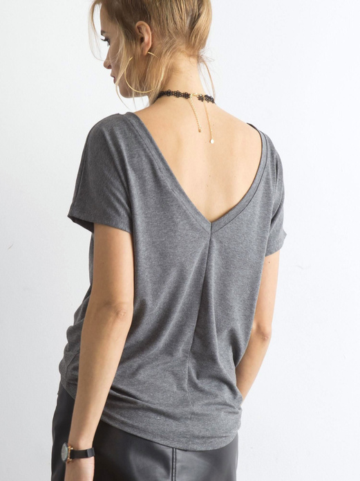 Ciemnozielona gładka bluzka, top basic, t-shirt z dekoltem V z tyłu