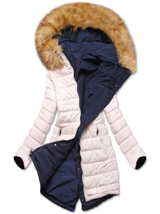 Granatowo beżowa długa dwustronna ciepła kurtka parka z kapturem z odpinanym futerkiem