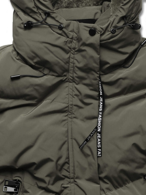 Oliwkowy długi płaszczyk kurtka zimowa - na ciepłym misiu z kapturem