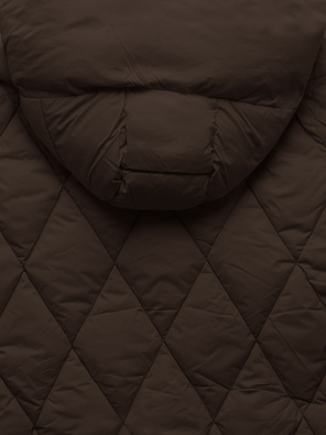 Brązowa długa pikowana w karo ciepła zimowa kurtka damska z kapturem