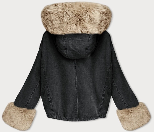 Czarna Ecru jeansowa krótka damska kurtka ocieplana futerkiem