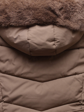 Brązowa ciepła zimowa pikowana kurtka z futrzanym kapturem