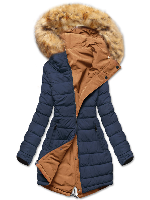 Karmel granat długa dwustronna ciepła kurtka parka z kapturem z odpinanym futerkiem