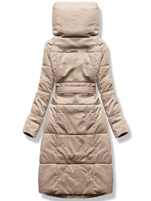 Beżowy zimowy długi płaszczyk z genialnym kołnierzem