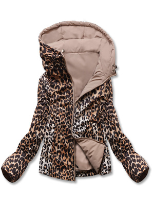 Ciemnobeżowa damska przejściowa kurtka panterka z kapturem