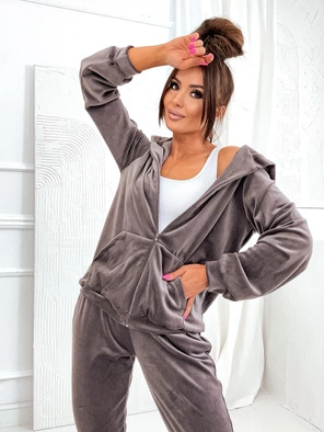 Brązowy damski welurowy gładki dres komplet z rozpinaną bluzą