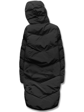 Czarny długi płaszczyk kurtka zimowa - na ciepłym misiu z kapturem