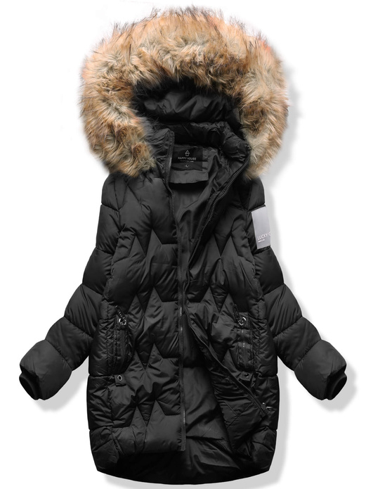 Czarna śliczna trapezowa pikowana zimowa damska kurtka z kapturem