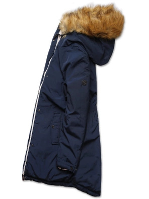 Granatowo beżowa długa dwustronna ciepła kurtka parka z kapturem z odpinanym futerkiem