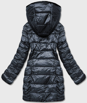 Grafitowa długa fantastyczna dwustronna zimowa pikowana kurtka futerko