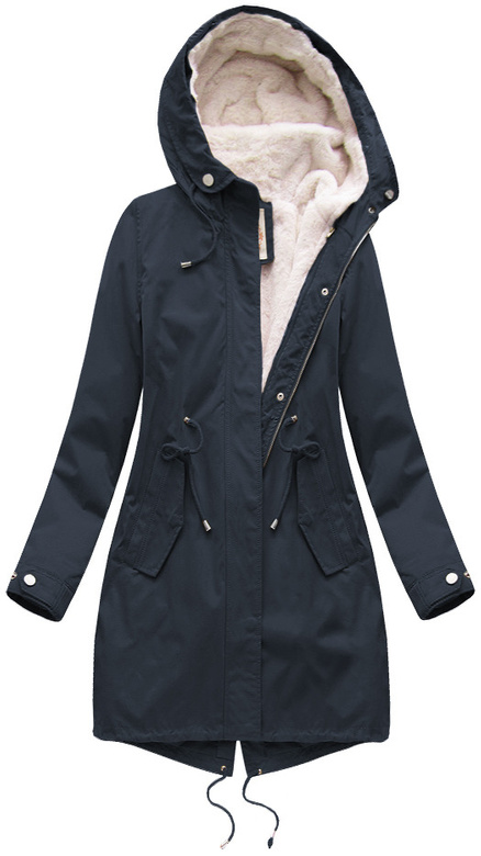 Granatowa zimowa ciepła kurtka parka na futrze