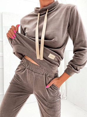 Cappuccino damski welurowy gładki dres komplet z tasiemką