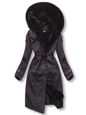 Czarna długa zimowa damska kurtka płaszcz kapturem