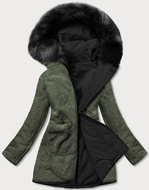 Czarno Khaki dwustronna zimowa parka na futrze