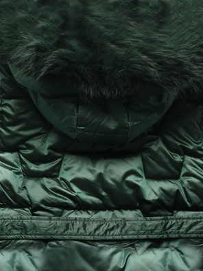 Ciemnozielona długa damska pikowana kurtka płaszcz z paskiem