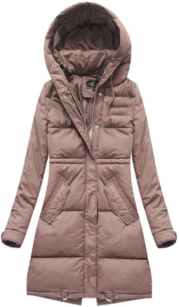 Pudrowa długa ciepła zimowa kurtka damska z kapturem 