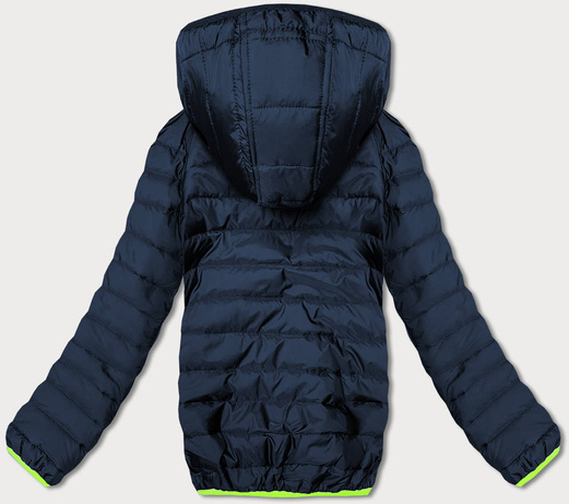 Granatowa pikowana kurtka z łączonych materiałów z kapturem i wstawkami