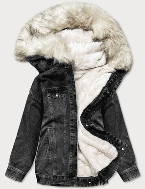 Czarno ecru jeansowa kurteczka na ciepłym futrze