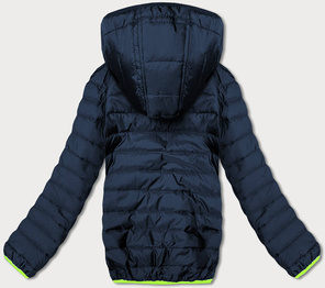 Granatowa pikowana kurtka z łączonych materiałów z kapturem i wstawkami