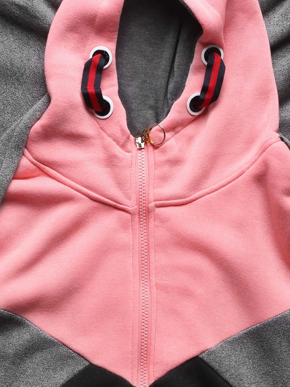 Łososiowo czarny kolorowy dres damski z kapturem komplet bluza na suwak + spodnie