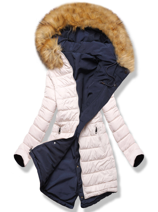 Granatowa Beżowa długa dwustronna ciepła kurtka parka z kapturem z odpinanym futerkiem