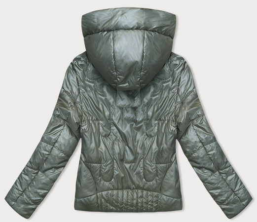 Oliwkowa błyszcząca przejściowa pikowana kurtka na suwak