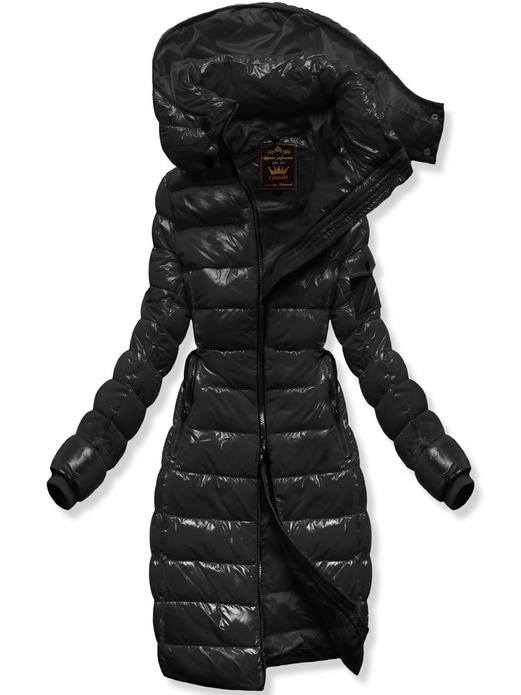 Czarna lakierowana damska zimowa kurtka z kapturem