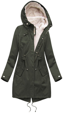 Ciemnozielona zimowa ciepła kurtka parka na futrze
