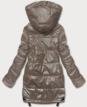 Ciemnobeżowa przejściowa damska długa kurtka damska z kapturem