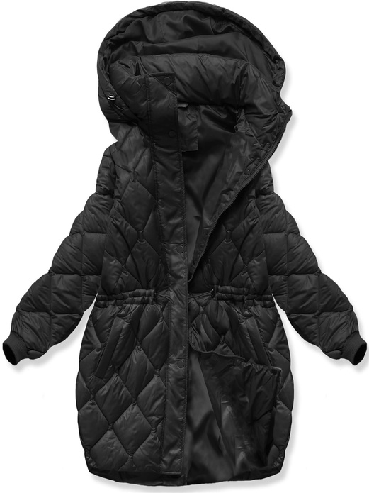 Czarna oversizowa zimowa damska pikowana w karo kurtka z kapturem