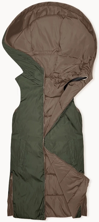 Beżowo zielony długi dwustronny damski bezrękawnik kamizelka z kapturem