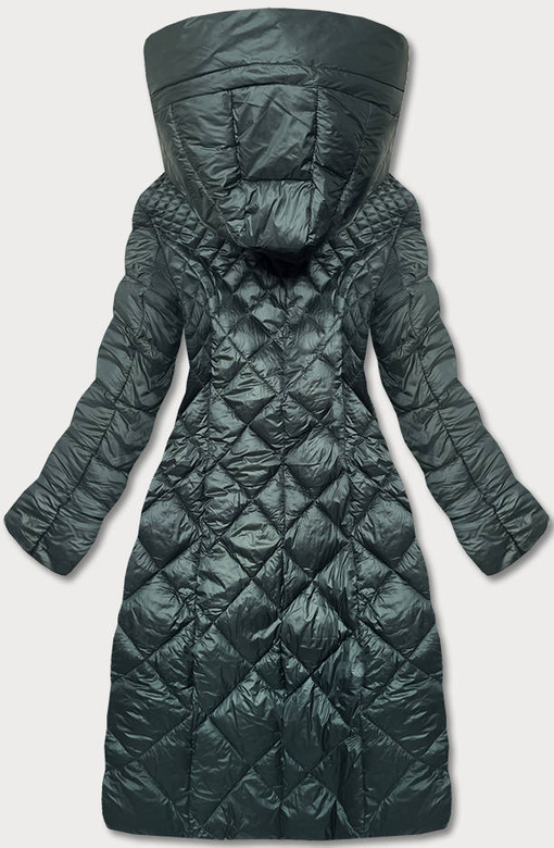 Zielona długa pikowana damska kurtka płaszcz z kapturem