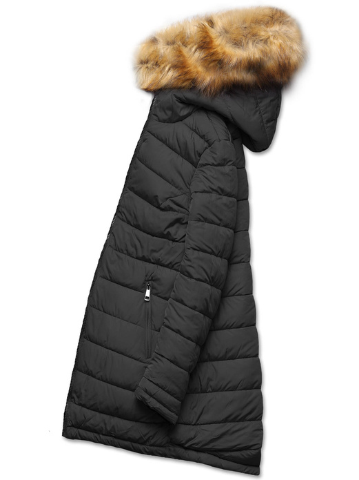 Khaki czarna długa dwustronna ciepła kurtka parka z kapturem z odpinanym futerkiem