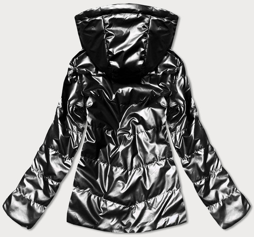 Czarna dwustronna przejściowa kurtka damska z kapturem geometryczne wzory