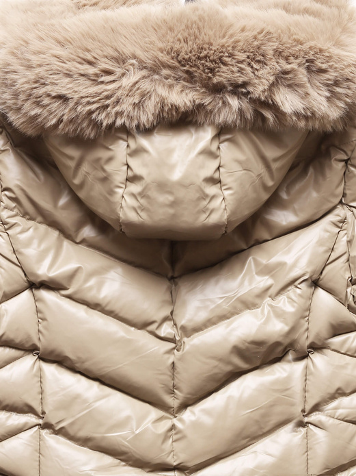 Beżowa zimowa pikowana w jodełkę kurtka płaszczyk z kapturem