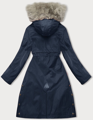 Granatowy zimowy płaszcz parka na futrze 