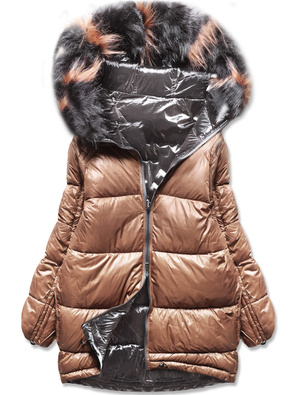 Grafitowo beżowa dwustronna zimowa czadowa kurtka