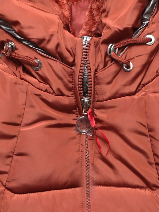 Ceglana długa pikowana zimowa kurtka płaszczyk z kapturem srebrna wstawka