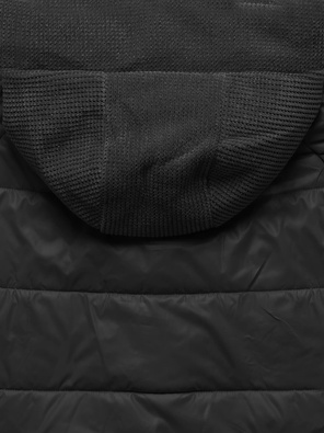 Czarna kurtka płaszcz z łączonych materiałów z wygodnym kapturem i kołnierzem