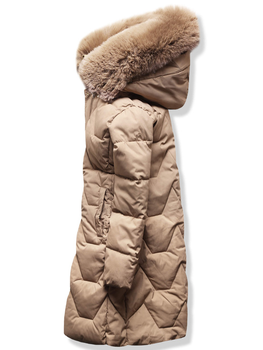 Beżowa damska zimowa kurtka z futrzanym kapturem
