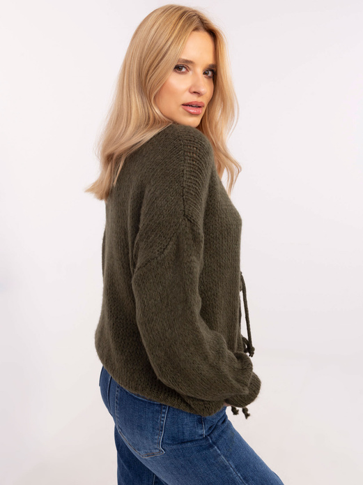 Khaki gładki i luźny sweter cardigan bluzka basic wiązany