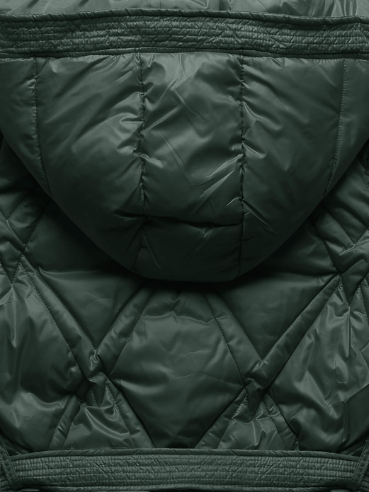 Zielony długi pikowany przejściowy płaszcz z kapturem