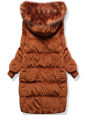 Karmelowa długa zimowa sztruksowa damska kurtka z kapturem