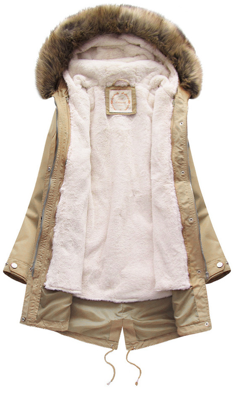 Beżowa zimowa ciepła kurtka parka na futrze PLUSZIZE