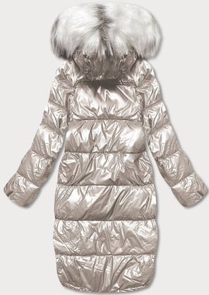 Beżowo szara błyszcząca kurtka płaszczyk z kapturem