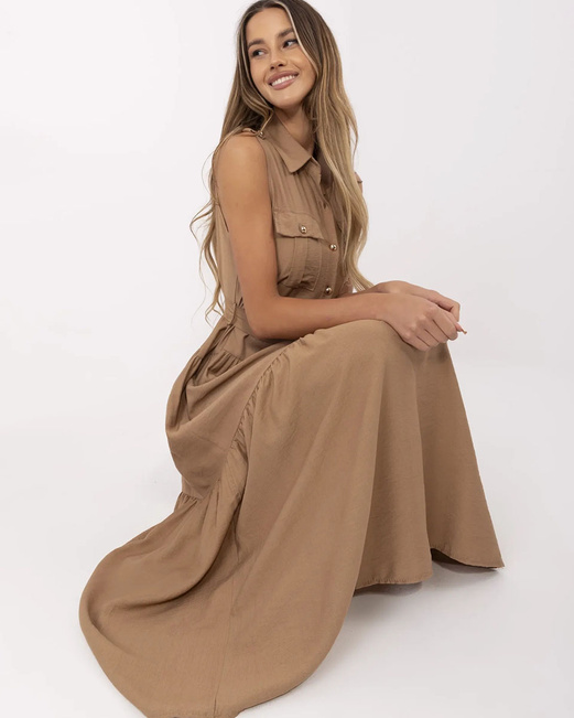 Karmelowa fantastyczna zwiewna sukienka z guzikami maxi